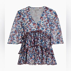 Ganni Tiered Printed Georgette Blouse Size 38 US 6 Designer Luxury Work Chic